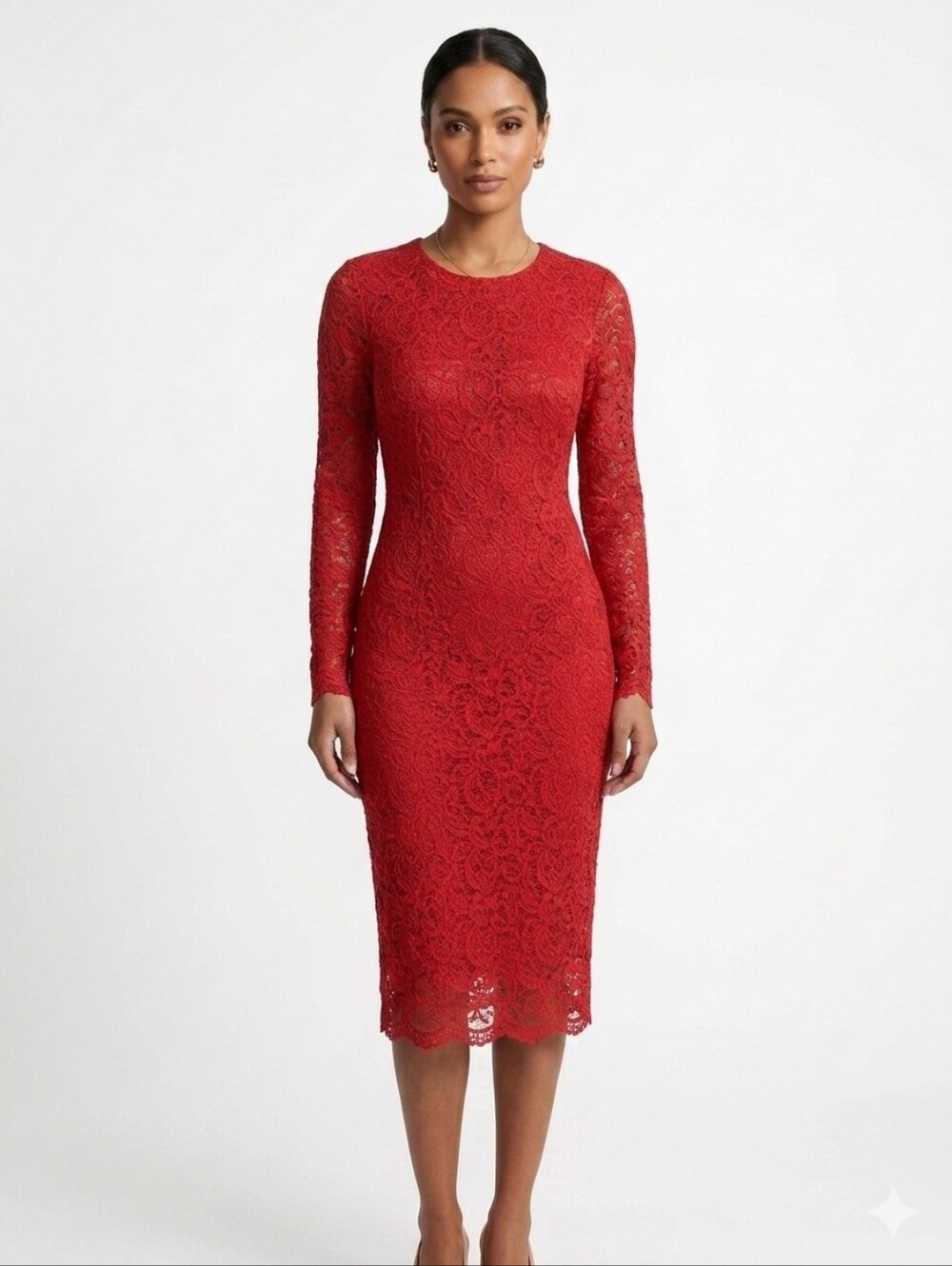 Fuzzi Long Sleeve Solid Lace Dress Midi size Large Red Bodycon